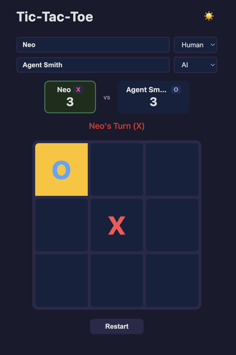 Screenshot of tic-tac-toe website